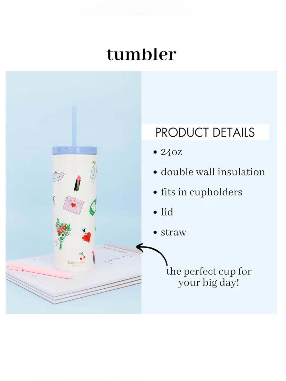 Kate Spade New York Acrylic Tumbler with Lid and Straw, Wedding Cake Toss
